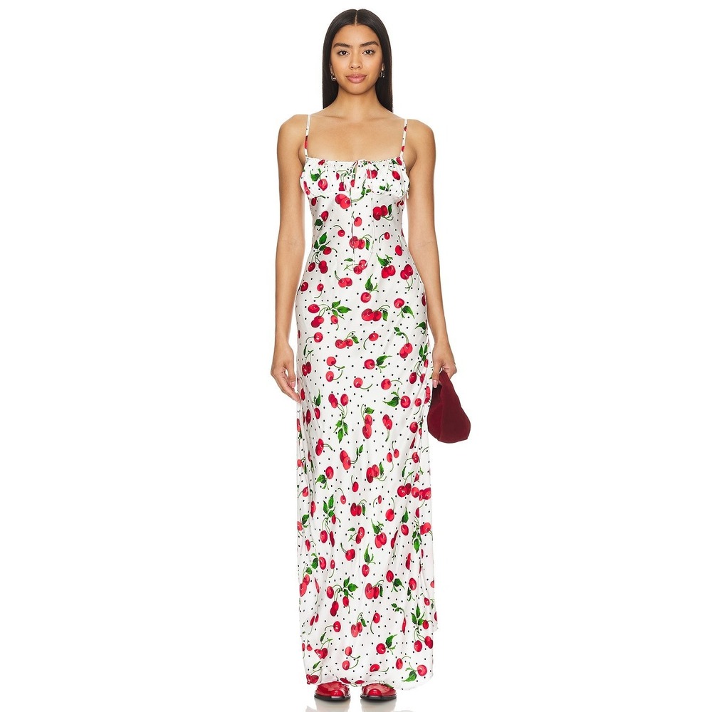Leslie Amon Paris Slip Maxi Dress White Cherry Polka Dot Viscose XS AS IS